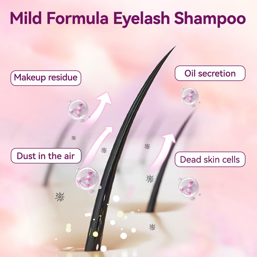 Lash Shampoo Kit, 2 fl.oz / 60ml Eyelash Cleanser, Eyelash Shampoo for Lash Extensions, Lash Cleaning Kit with Lash Fan Dryer, Eyelash Remover for Salon and Home Use