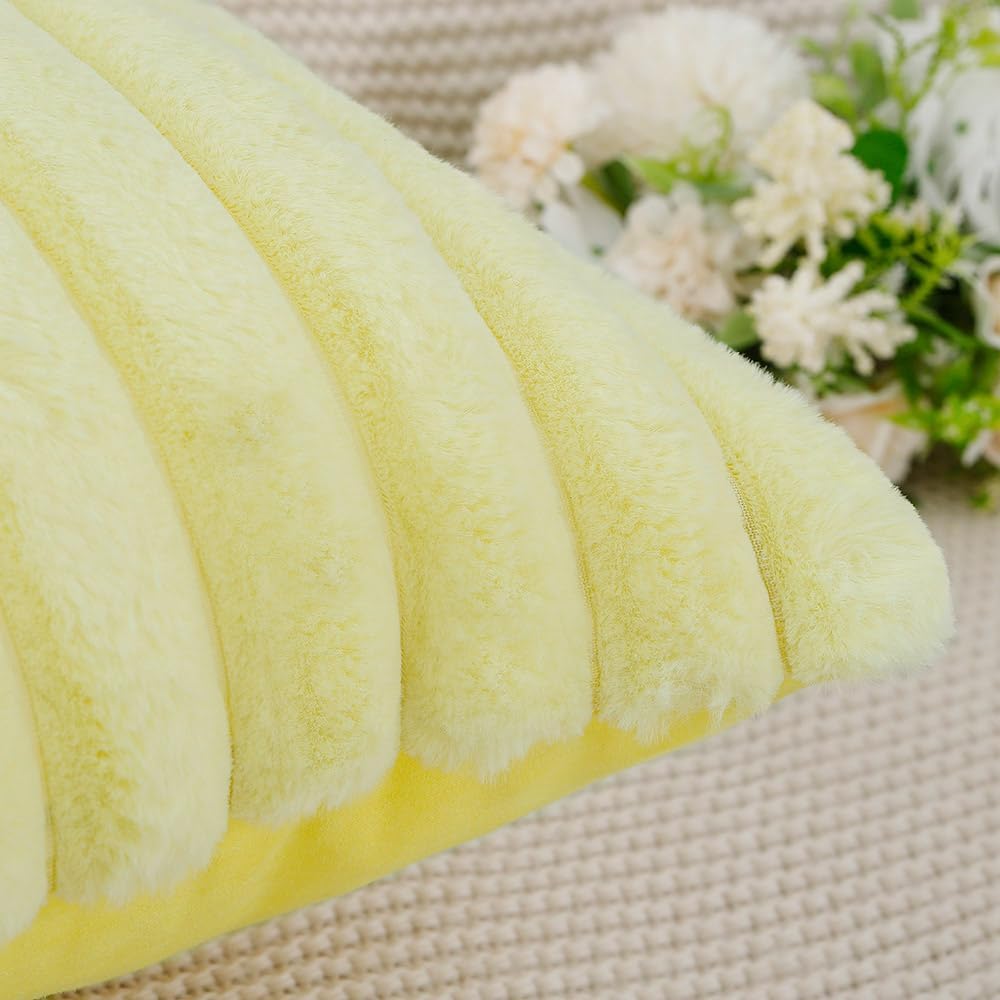 MADIZZ Set of 2 Faux Wool Plush Decorative Throw Pillow Covers 26x26 Inch Yellow Fluffy Striped Soft Decorative Cushion Cover for Sofa Bedroom Pillow Shell