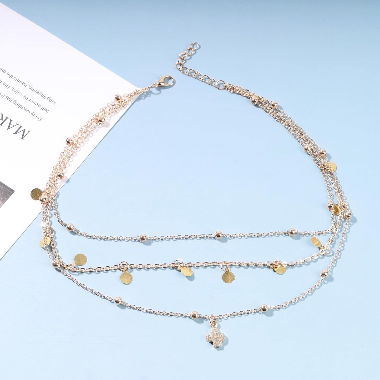 Boho Layered Disc Coin Necklace Choker Gold Cactus Pendant Necklace Stacking Satellite Chain Necklace Vintage Multilayer Necklace Chain Jewelry for Women and Girls Gifts