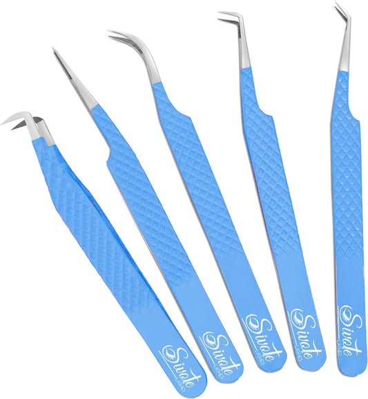 SIVOTE Lash Tweezers for Eyelash Extensions, Pack of 5 Blue – Lash Extension Tweezers Set with Diamond Grip, Precision Fiber Tip for Volume Tweezers Eyelash Extensions