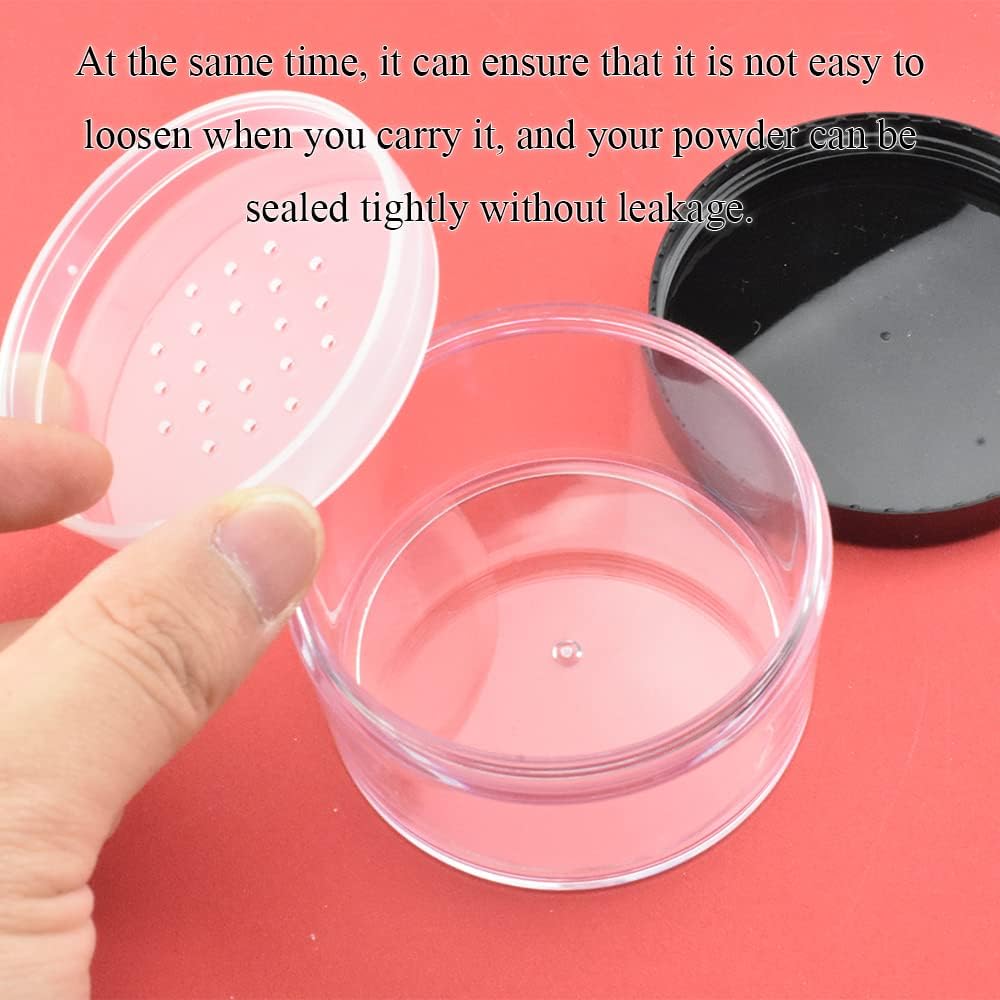 HAHIYO 2Pcs 50ml/1.69oz Plastic Empty Travel Powder Container Large Loose Powder Compact Case Makeup Cosmetic Jar Refillable Powder Box No Leak Powder Holder with Common Sifter and Black Screw Lid