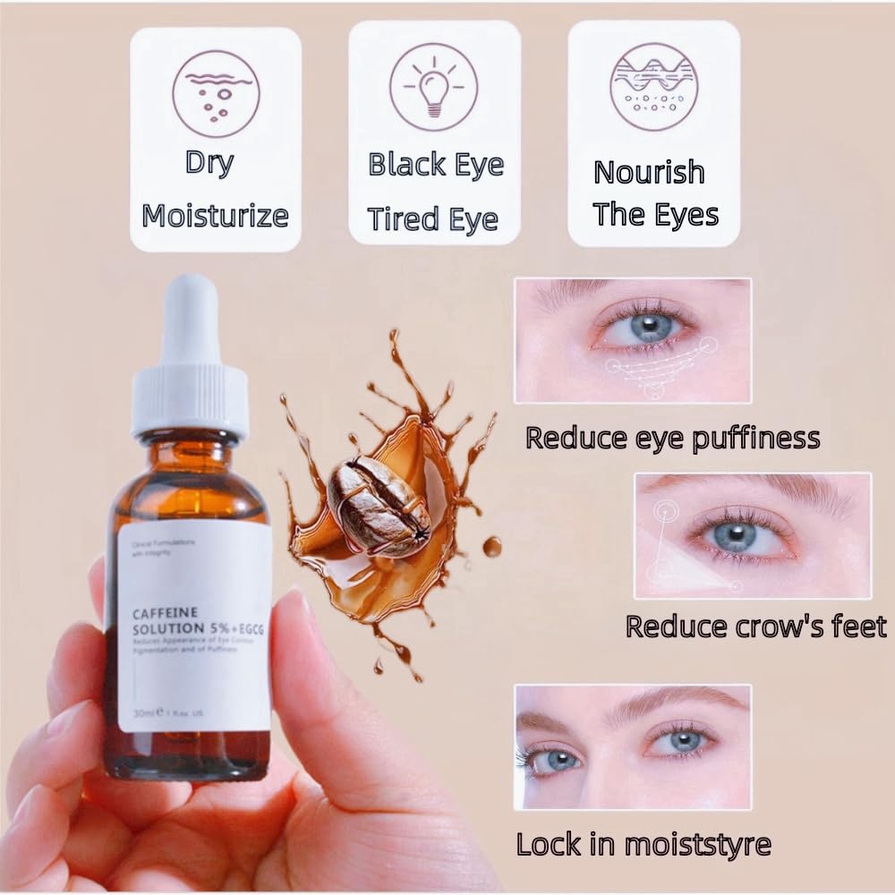 Caffeine Solution 5% + EGCG, Caffeine Eye Serum For Face, Moisturizing Under Eye Solution For Reduces Dark Circles & Puffiness, 30ML (1, 2PC)
