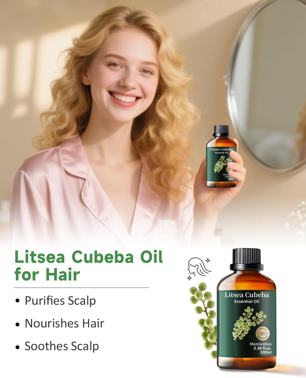 Mumianhua Litsea Cubeba Essential Oil 100% Pure Litsea Cubeba Oil Natural May Chang Essential Oil for Aroma & Diffusers, Massage, Skin Care, Hair Care, Candle & Soap Making 3.38 Fl Oz