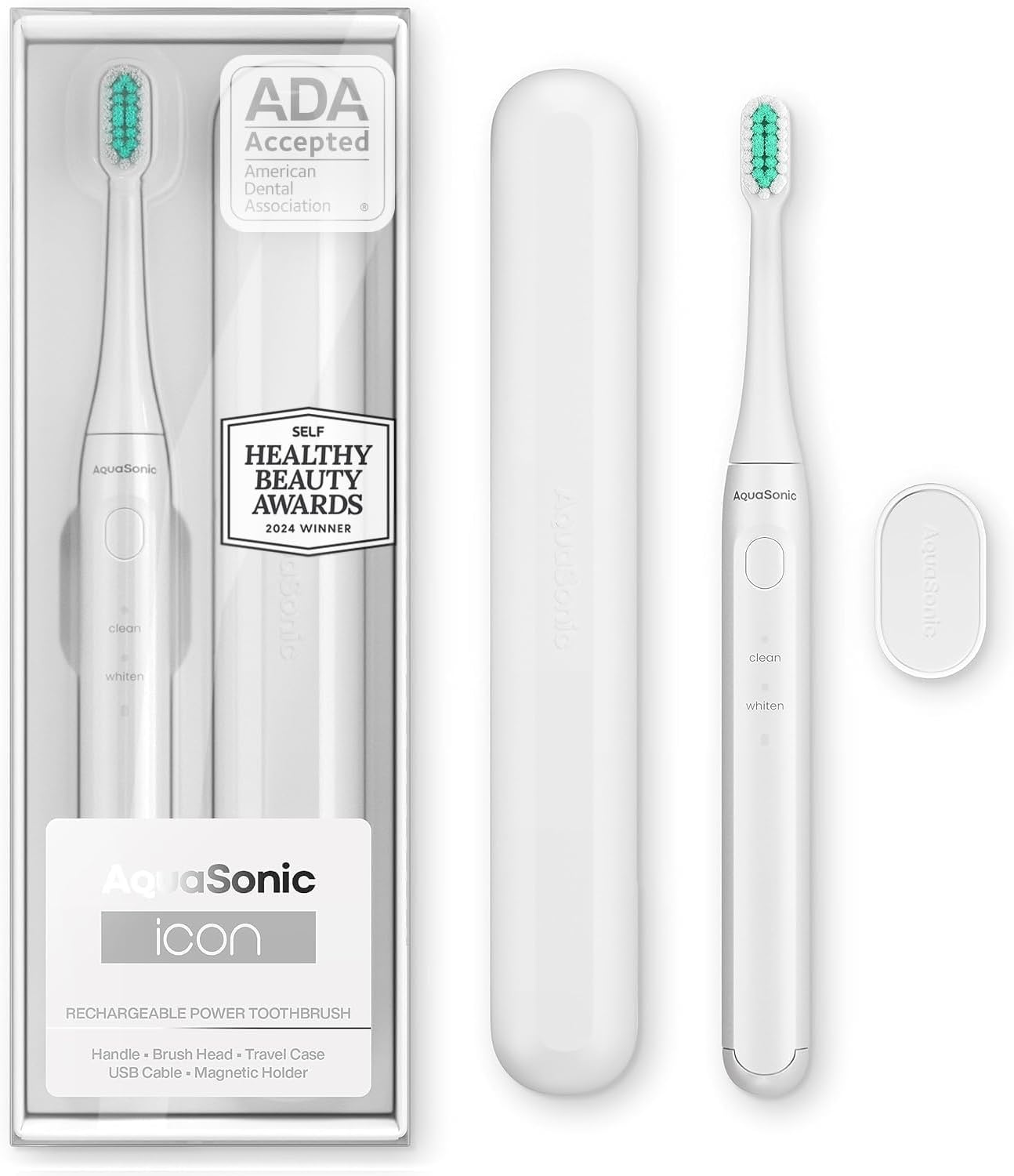 Aquasonic Icon ADA-Accepted Rechargeable Toothbrush | Magnetic Holder & Slim Travel Case | 2 Brushing Modes & Smart Timers | Gentle Micro-Vibrations (Pearl)