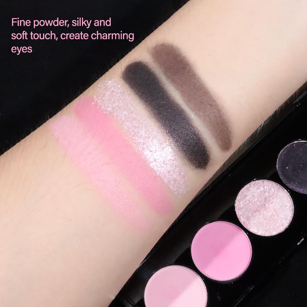 5 Colors Highlight Pink-Purple Eyeshadow Palette with Mirror, Pearl White Silver Brown Nude Rose Gold Glitter Shimmer Palette, Cruelty-Free, Vegan Formula, Matte Eyeshadow for Professional Makeup