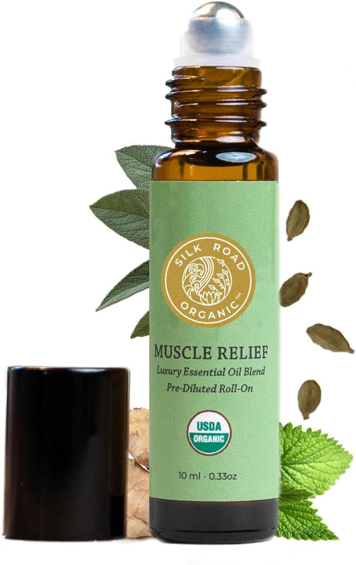 Silk Road Organic Muscle Relief Essential Oil Blend Roll On, 100% Pure USDA Certified Aromatherapy for Muscle Aches & Stiff Joints with Peppermint & Ginger - 10 ml Roller