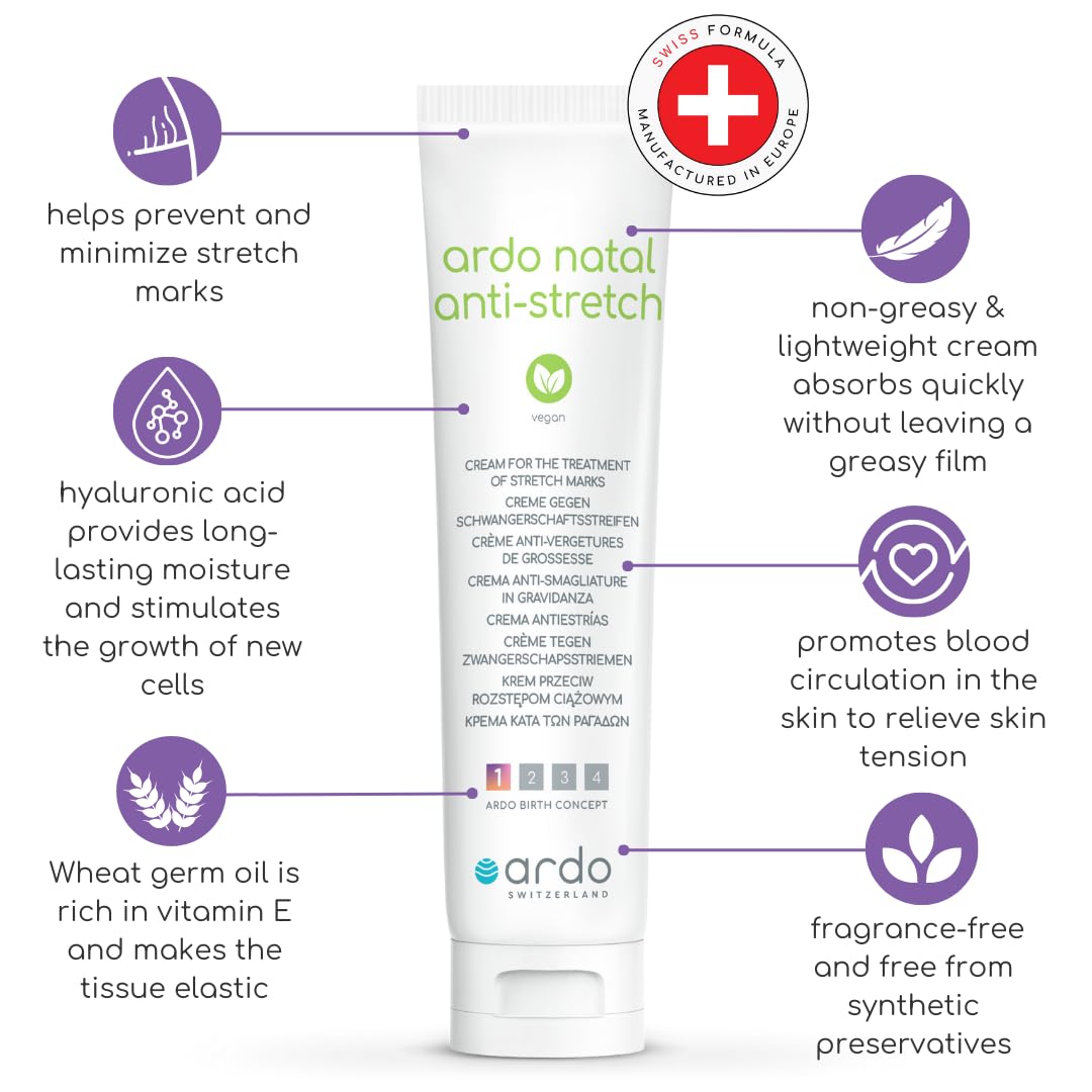 ARDO Anti-Stretch Mark Cream, Swiss Formula. Helps Prevent & Reduce Stretch Marks During Pregnancy & After Birth, Cruelty-Free, Vegan & Fragrance Free, Made in Europe, (100ml/3.4 fl.oz)