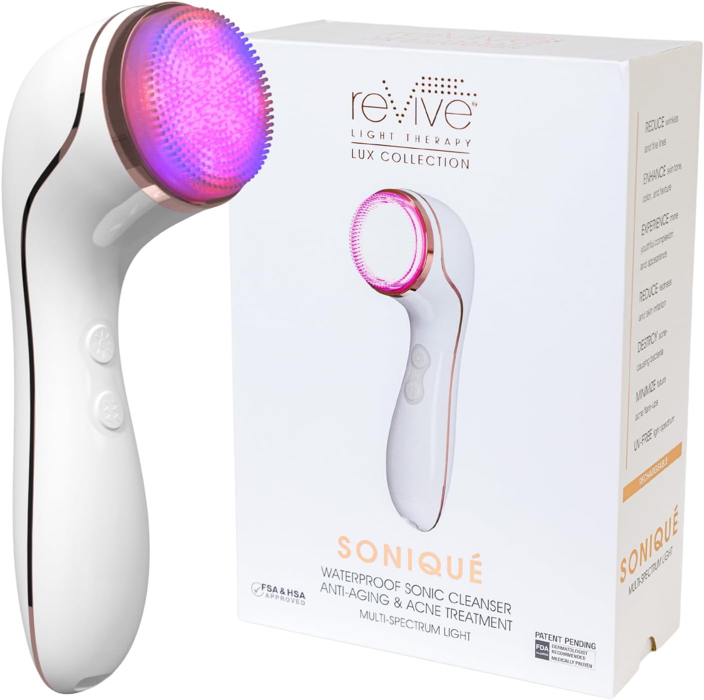 reVive Light Therapy LED Technologies | Lux Collection Soniqué Sonic | Facial Cleansing Brush | Red & Blue Light Therapy | Reduces Appearance | Acne & Wrinkles