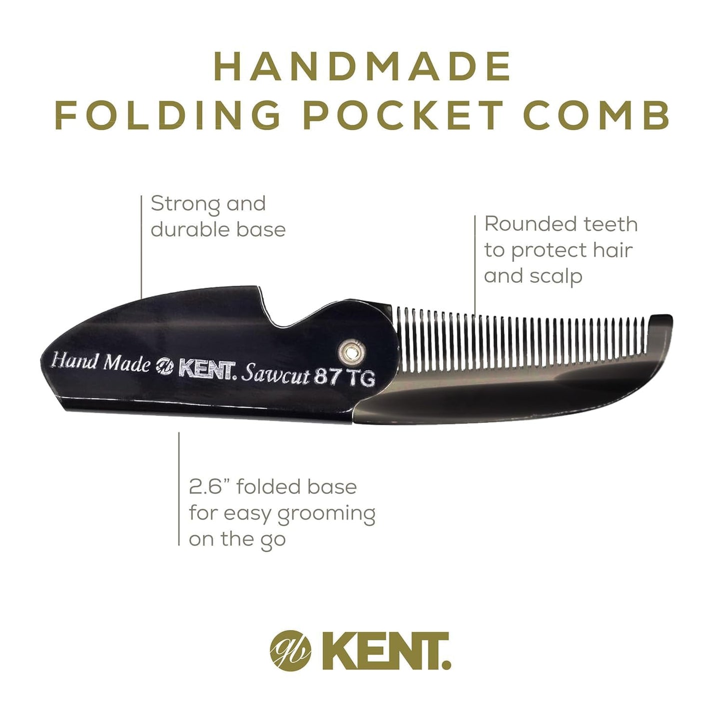 Kent 87T Black Graphite Handmade Folding Pocket Comb for Men, Fine Tooth Hair Comb Straightener for Everyday Grooming Styling Hair, Beard or Mustache, Saw Cut Hand Polished, Made in England