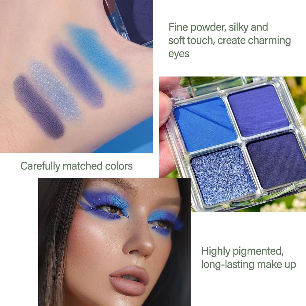 Navy Blue 4Colors Eyeshadow Makeup Palette,Royal Blue Natural Neutral Powde Eye Shadow Palettes for Older Women,Long Lasting Naturing-Looking,Lightweight,Waterproof,Eye Makeup Kit Travel Size,Vegan