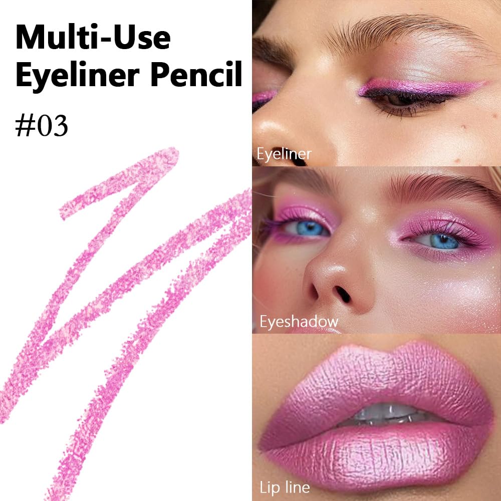 evpct Pink Glitter Eyeliner Pencils for Eyes, Pink Metallic Shimmer Eye Liner Pencil Makeup Waterproof Smudge Proof, Colored Gel Waterline Eyeliner Liquid, Face Eye Paint Stick Halloween Makeup 03