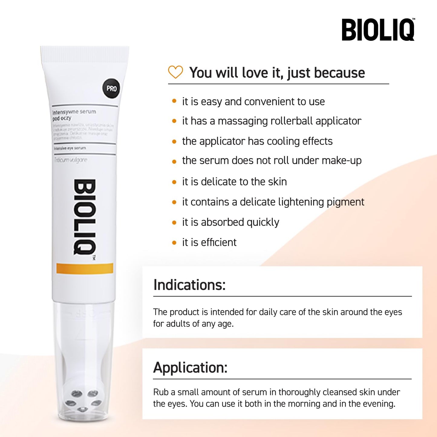 Pro Intensive Eye Serum - Hyaluronic Acid for Moisturizing, Wheat Sprout Extract for Wrinkle Smoothing, Dark Circle, Cooling Roller - 15 ml