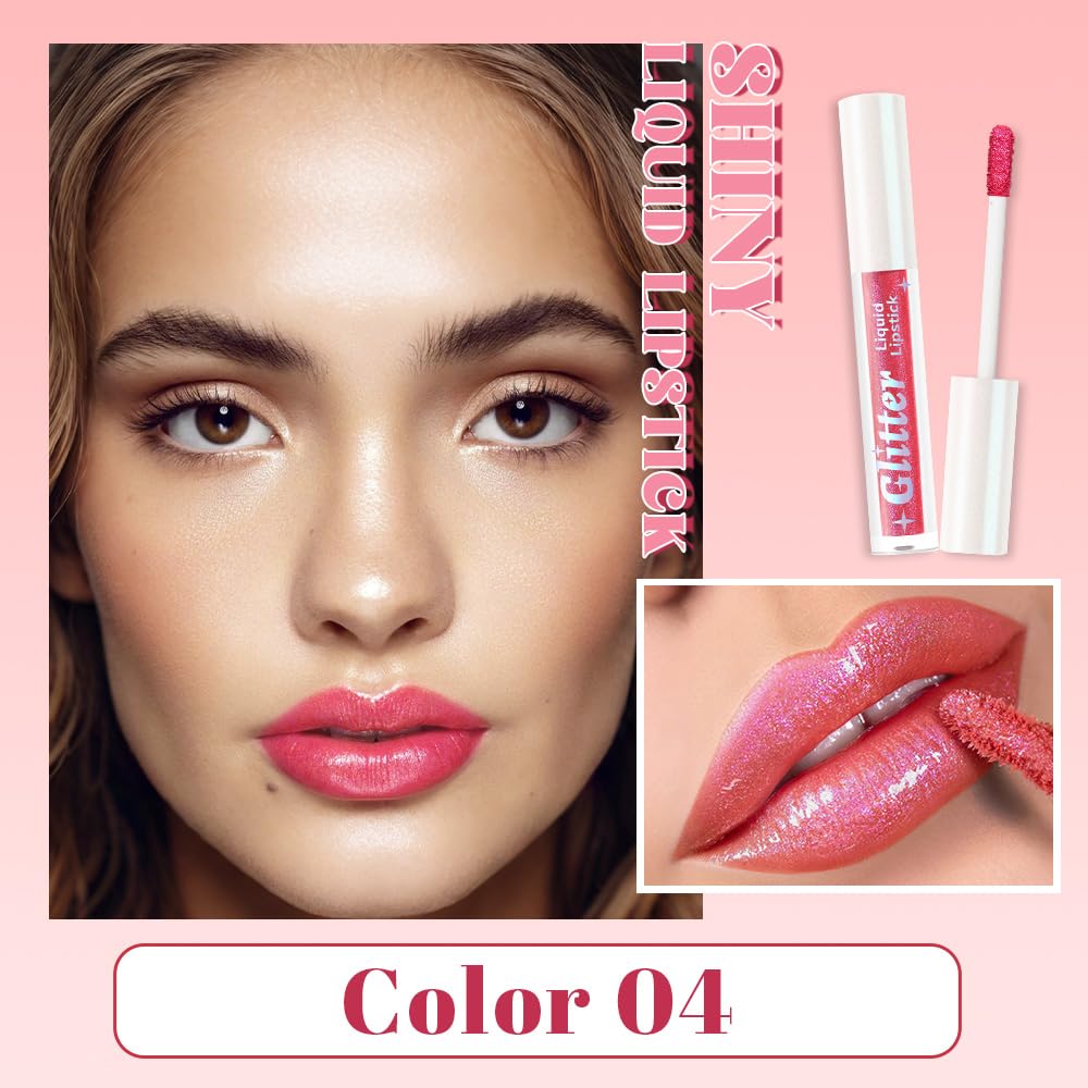 Orange Pink Metallic Lipstick for Women,Lightweight Glitter Sparkling Liquid Lipsticks,Shimmer Lip Gloss Stain Long Lasting Waterproof Smudge Proof Non-Drying 24 Hour Full Coverage Lip Makeup,Vegan