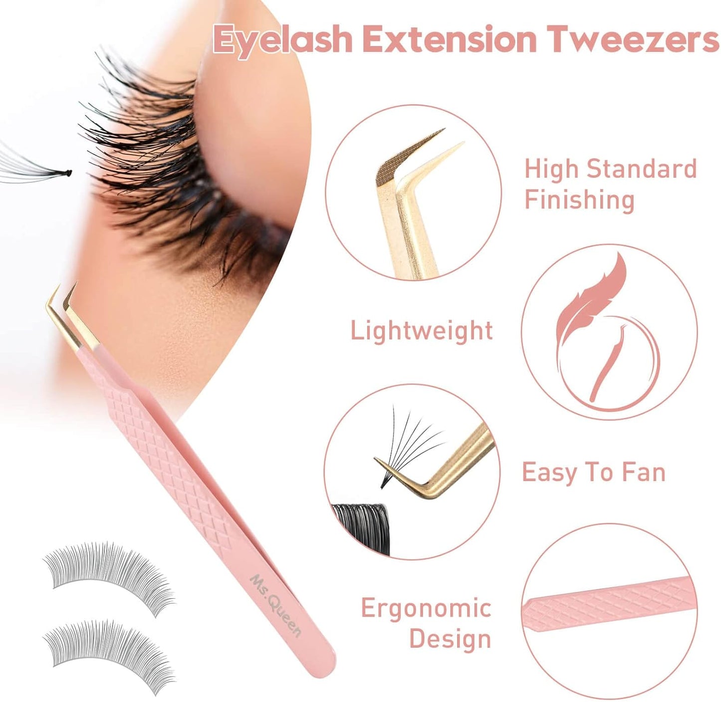 Ms.Queen Lash Tweezers for Eyelash Extensions,Precision 3Pcs Fiber Tip Grip 90 Degree L-Shaped Boot Volume Dolphin Isolation Eyelash Tweezers Set