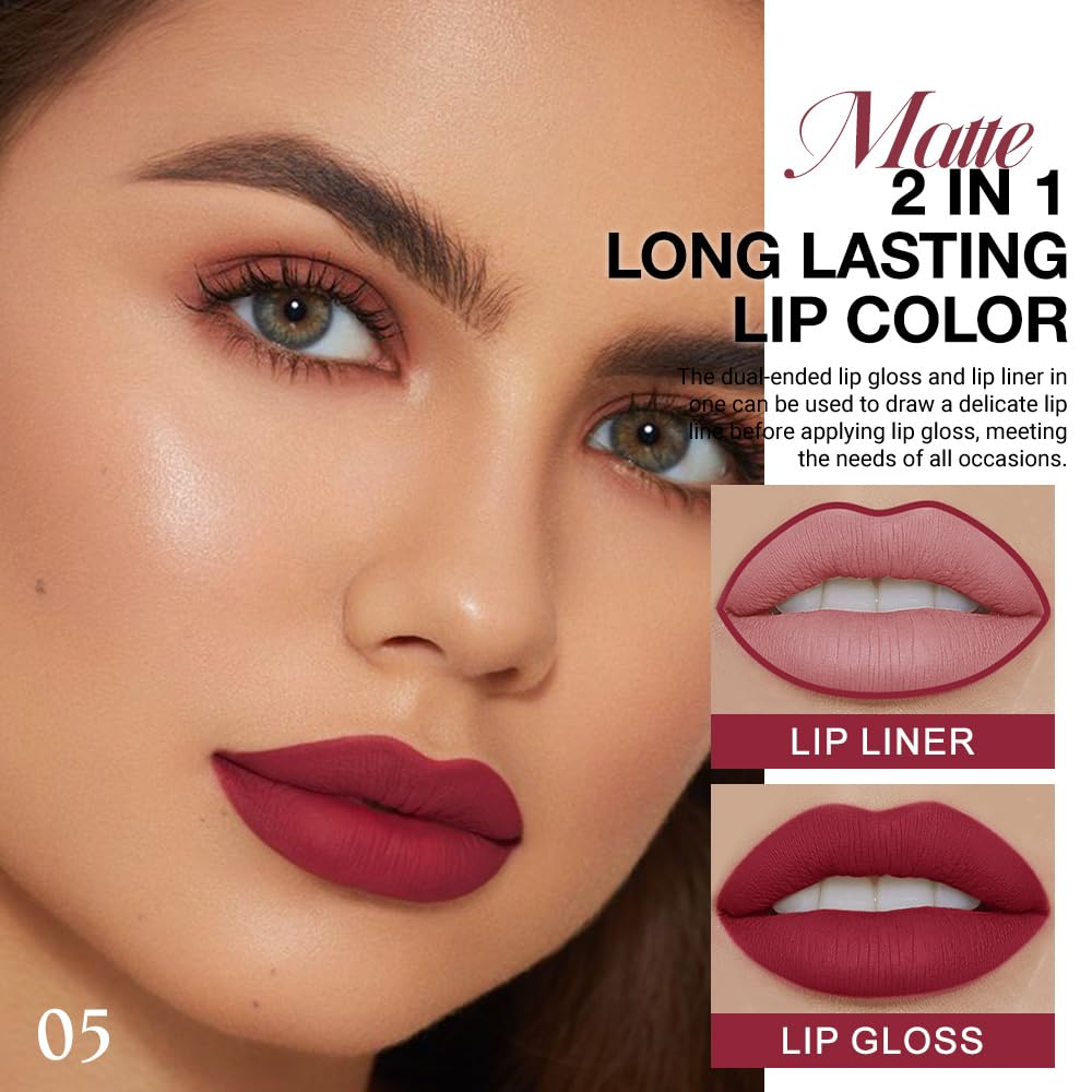 evpct 1Pcs Cherry Frost Red Matte Lip Liner and Liquid Lipstick Stain Makeup Set for women, Red Long Lasting Smudge Proof Lipstick labiales matte mate larga duracion listip 24 hours originales,05#