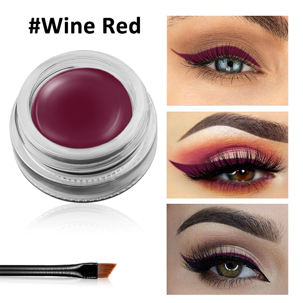 Erinde Waterproof Gel Eyeliner, Long Lasting Cream Eyeliner Gel Pot, Halloween High-Intensity Pigments Smudge-Proof Eye Liner Makeup, Water-Resistant Eyeliner with 2PCS Brushes 09# Wine Red