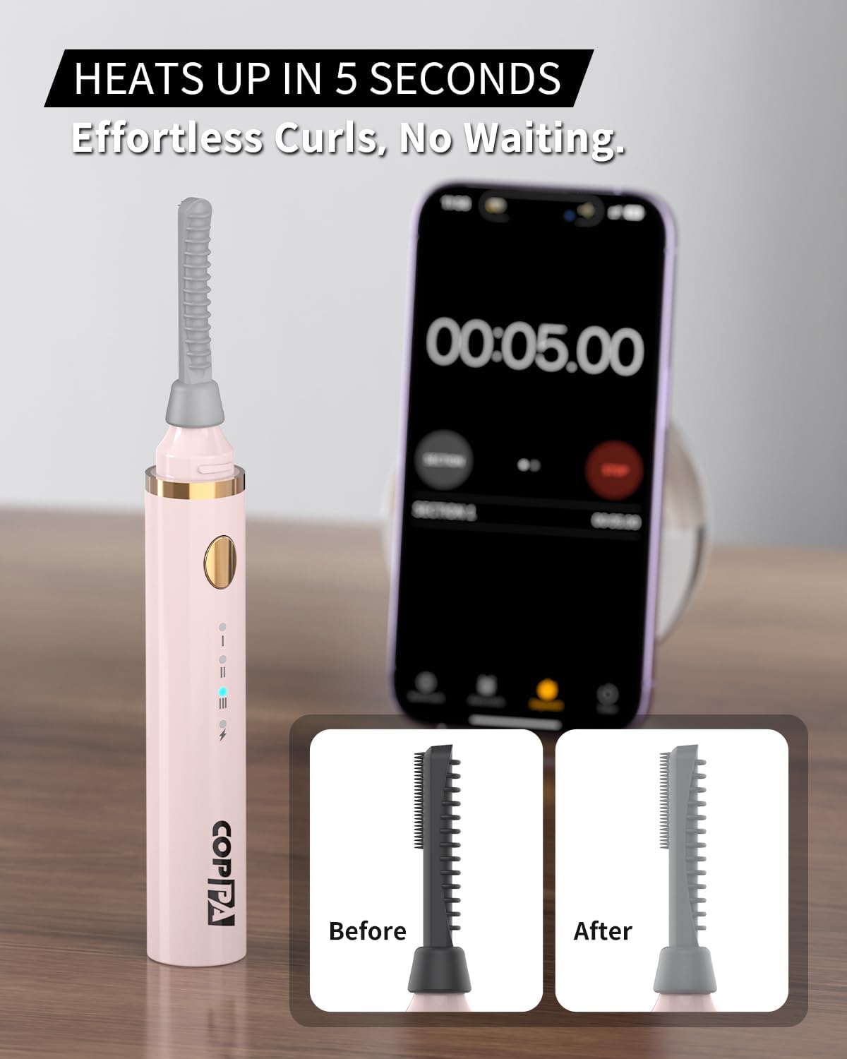 COPPA Electric Lash Curler, LP-1 Lipstick Type 3-in-1 Heated Eyelash Curler with 3 Brush Heads 3 Curling Modes and 3 Temp & 5s Quick Heat-up, Perfect for Beginners and Makeup Pros, Pink