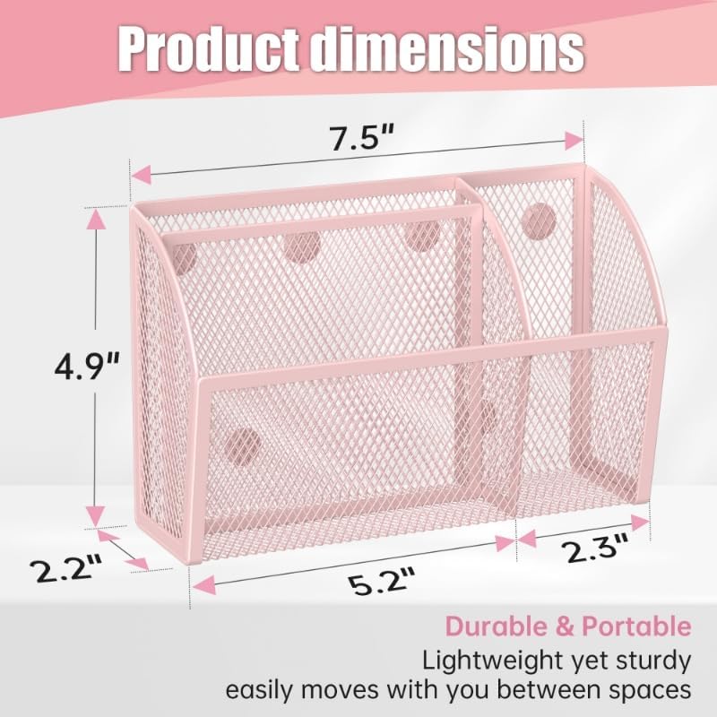YINGHUA Strong Magnetic Pen Holder for Whiteboard and Refrigerator 3 Compartments Metal Mesh Organizer Space Saving Shelf for Office School Home and Locker - Pink