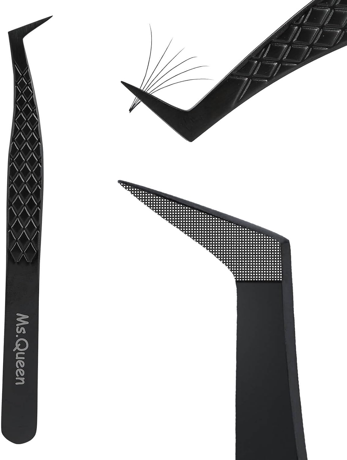 Ms.Queen Fiber Tip Lash Tweezers, Precise Diamond Grip L-Shape Boot Volume Eyelash Extension Tweezers,Black