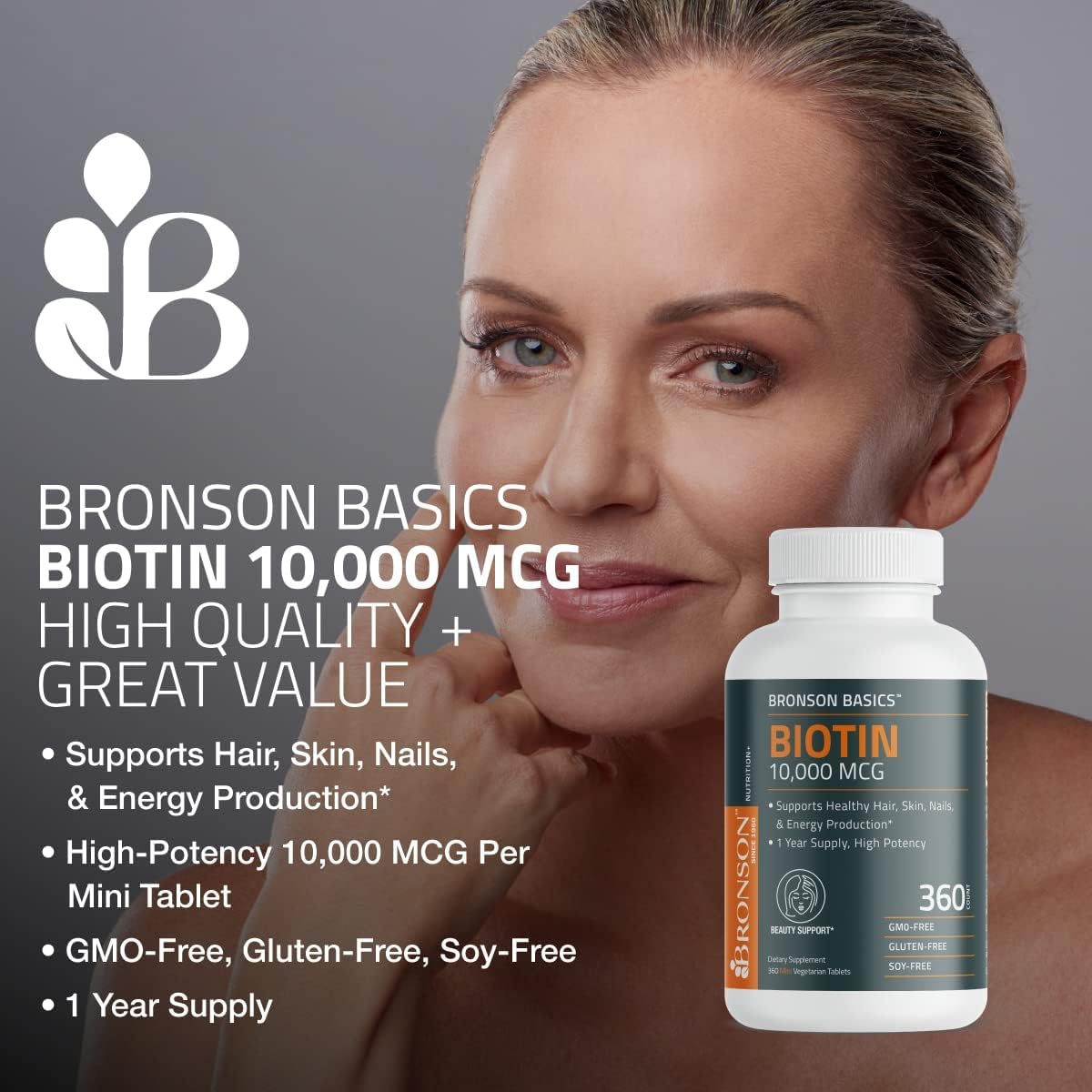 Bronson Biotin 10,000mcg, Supports Healthy Hair, Skin and Nails, Vegetarian, Non-GMO, 150 Tablets