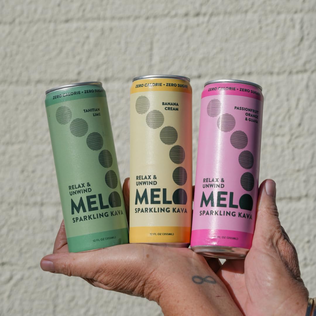Melo Sparkling Kava Drink, Variety Pack, Sugar Free Non Alcoholic Drinks with Zero Calories, Gluten Free, Vegan, 100% Natural Mocktail with 750mg Kava Root per Drink, 12 Pack, 12 oz Cans