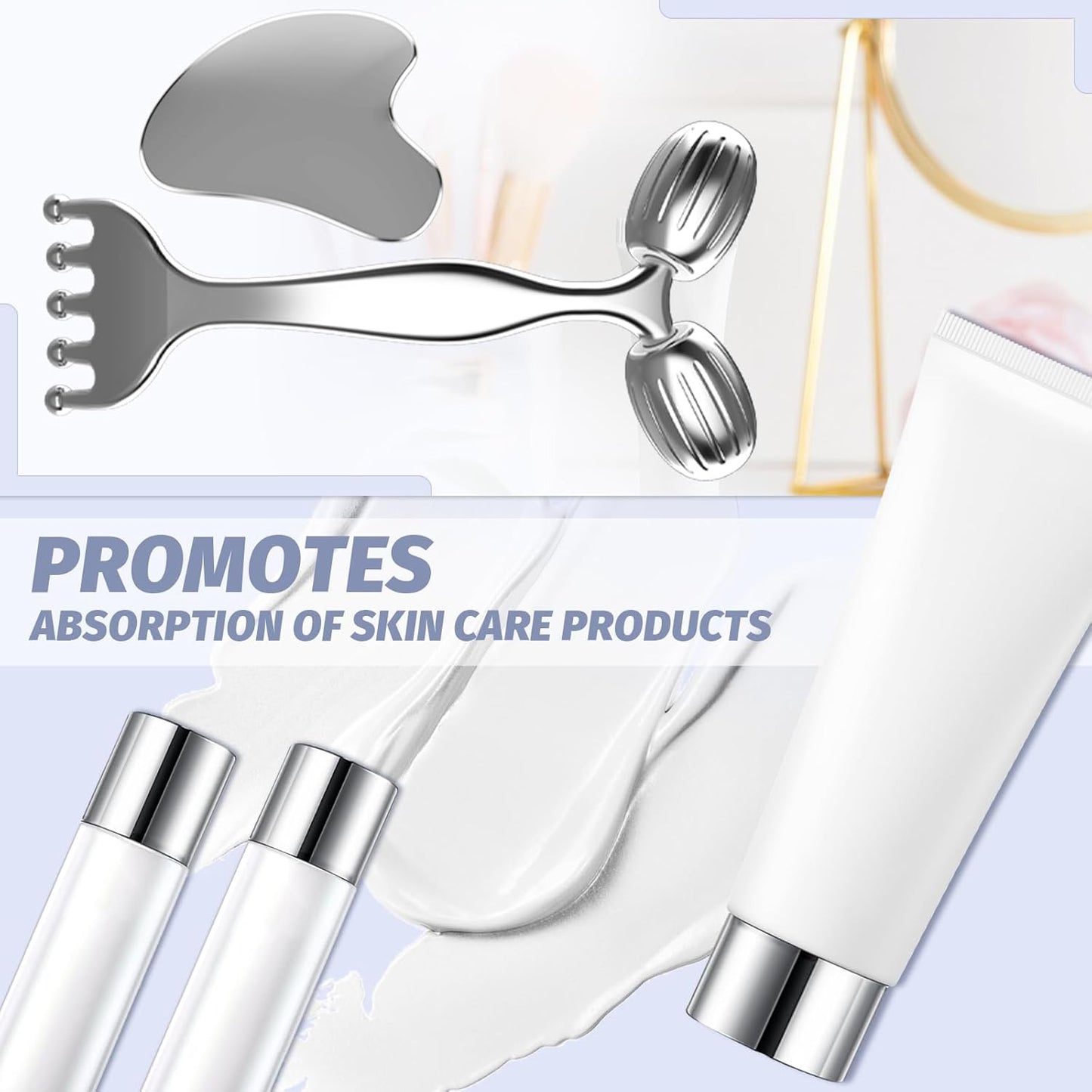 Pain Relief Massage Tool Set – Stainless Steel Gua Sha Scraper & Dual-Ended Face Roller for Muscle Tension, Circulation, and Myofascial Therapy – External Use for Jaw, Neck, Shoulders & Body Recovery