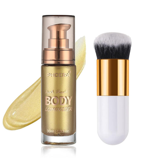 Body Shimmer Oil, Metallic Gold Natural Glow Luminizer, Long Lasting Waterproof Moisturizing Liquid Illuminator Highlighter Makeup for a Sun-Kissed Glow, Brush Include, 1oz, Light
