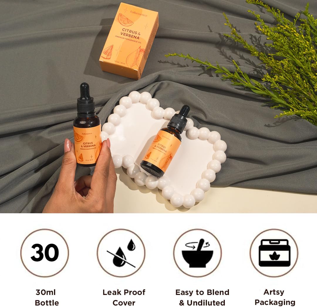 Folkulture Premium Essential Oil Blends for Diffuser for Home | 1.01 Fl Oz Citrus Essential Oils for Aromatherapy | Verbena Fragrance Oils for Soap & Candle Making Scents | Diffuser Oil for Massage