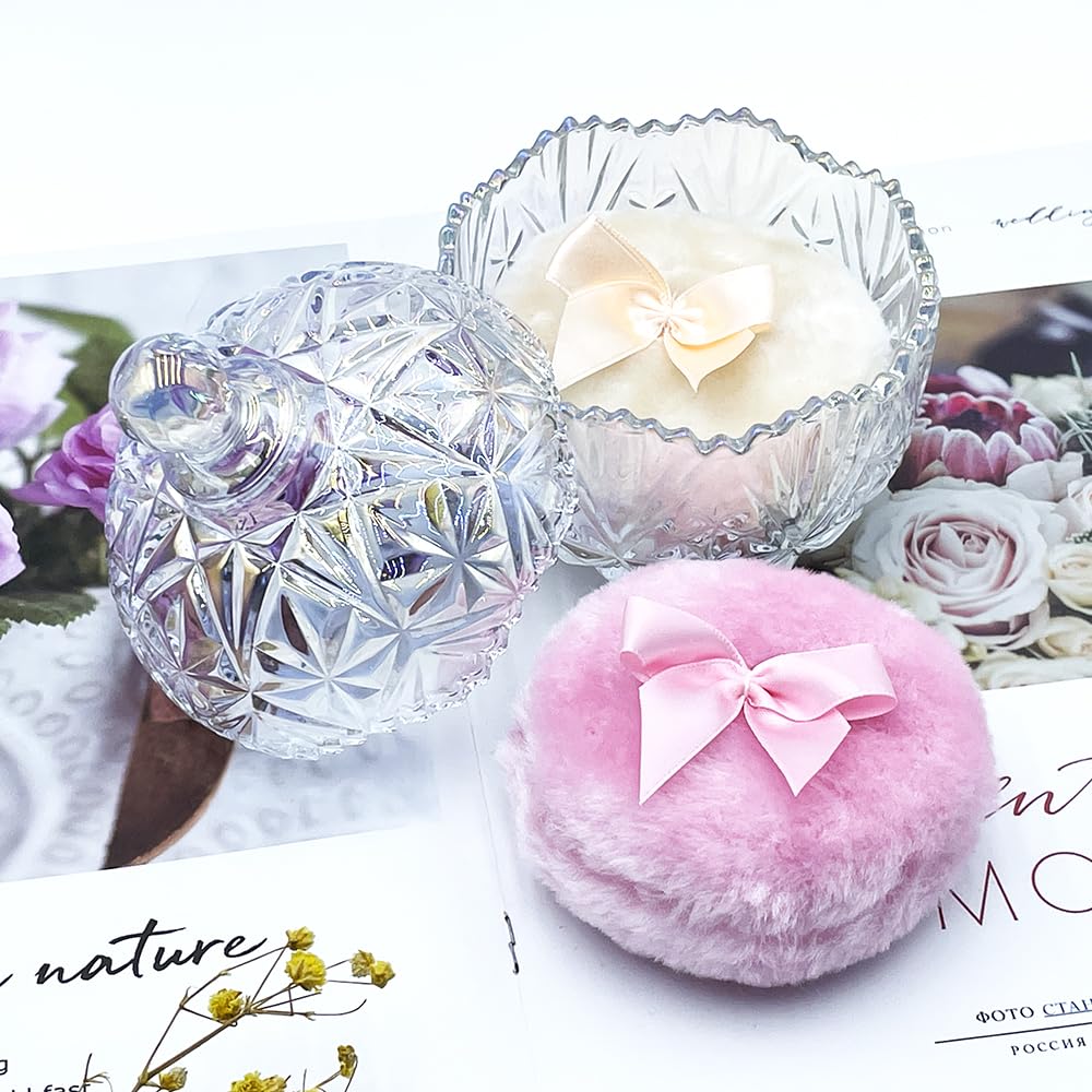 Luxury 4 Inch Glass Loose Powder Container with 2 Soft 3.5" Puffs｜Non-Sealed Refillable Organizer Storage for Body Powder Makeup & Jewelry & Setting Applicator(Crown-Dazzling Color)