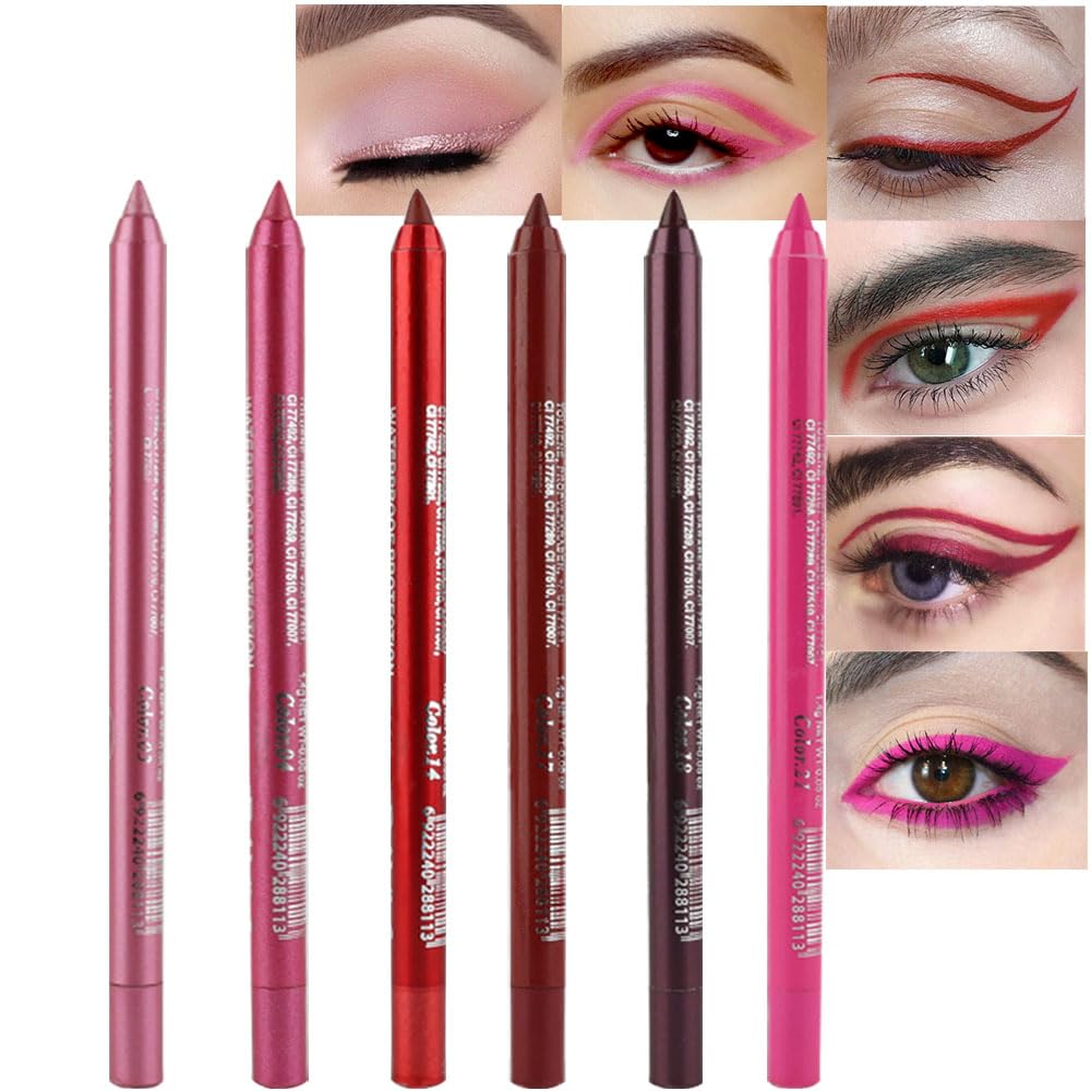 Kaely 6Pcs Glitter Gel Eyeliner Pencil Set for Women, Color Eye Liner Waterproof Smudge Proof with Sharpener, High Pigmented Eye Makeup Liners, lapiz de ojos delineador de ojos contra el agua, 03