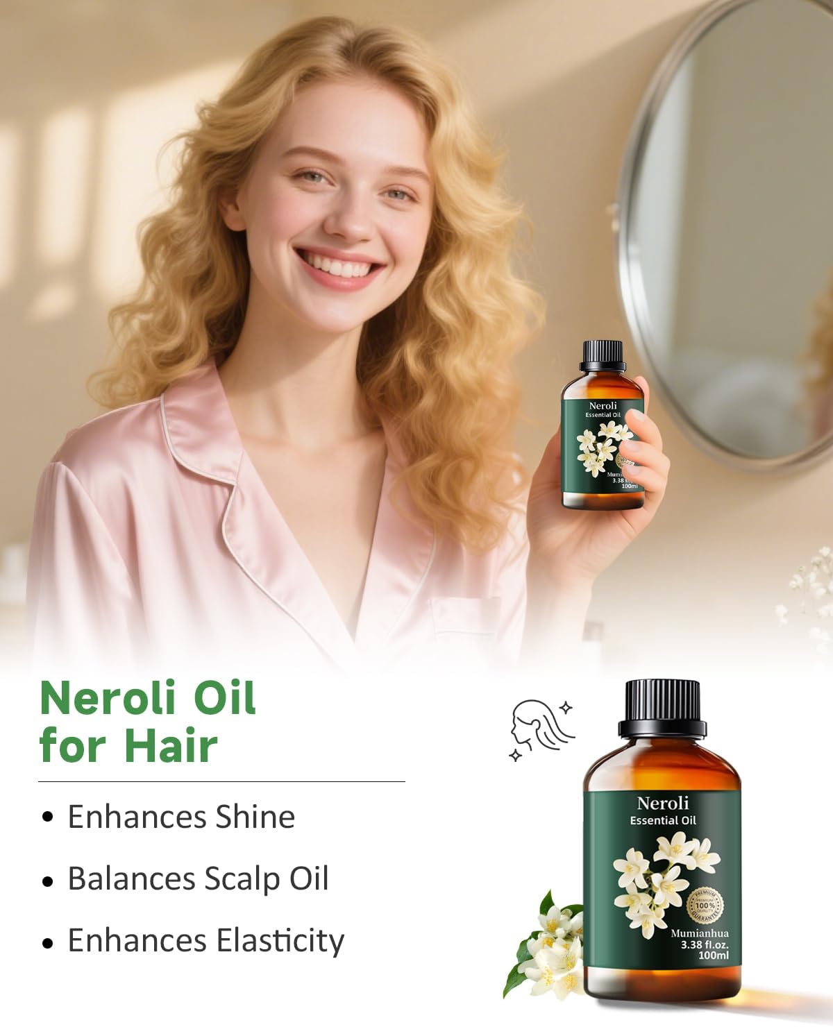 Mumianhua Neroli Essential Oil 100% Pure- Therapeutic Grade Orange Blossom Oil for Cleaning Sprays, Home Perfume & Women's Cologne | Citrus Floral for Diffuser, Candle & Soap Making 3.38 Fl Oz