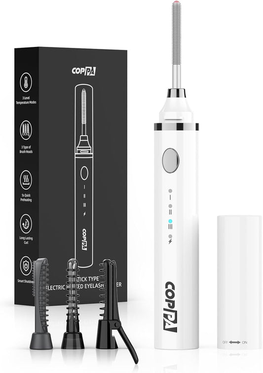 COPPA Electric Lash Curler, LP-1 Lipstick Type 3-in-1 Heated Eyelash Curler with 3 Brush Heads 3 Curling Modes and 3 Temp & 5s Quick Heat-up, Perfect for Beginners and Makeup Pros, White