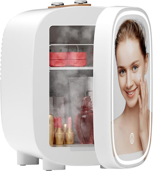 DF01A Skincare Fridge, Mini Fridge for Skincare with 3-Level Dimmable LED Light Mirror, Low Noise 4L Makeup, Cooler & Warmer, Portable Design for Multiple Uses - Bedroom, Office, and Car