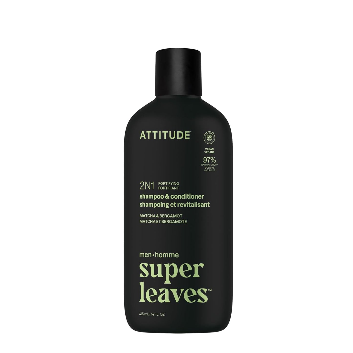 ATTITUDE Men's Shampoo and Conditioner 2-in-1, Fortifying For Fragile Hair, With Caffeine and Green Tea, 97% Natural Origin Ingredients, EWG Verified, Matcha & Bergamot, 14 Fl Oz