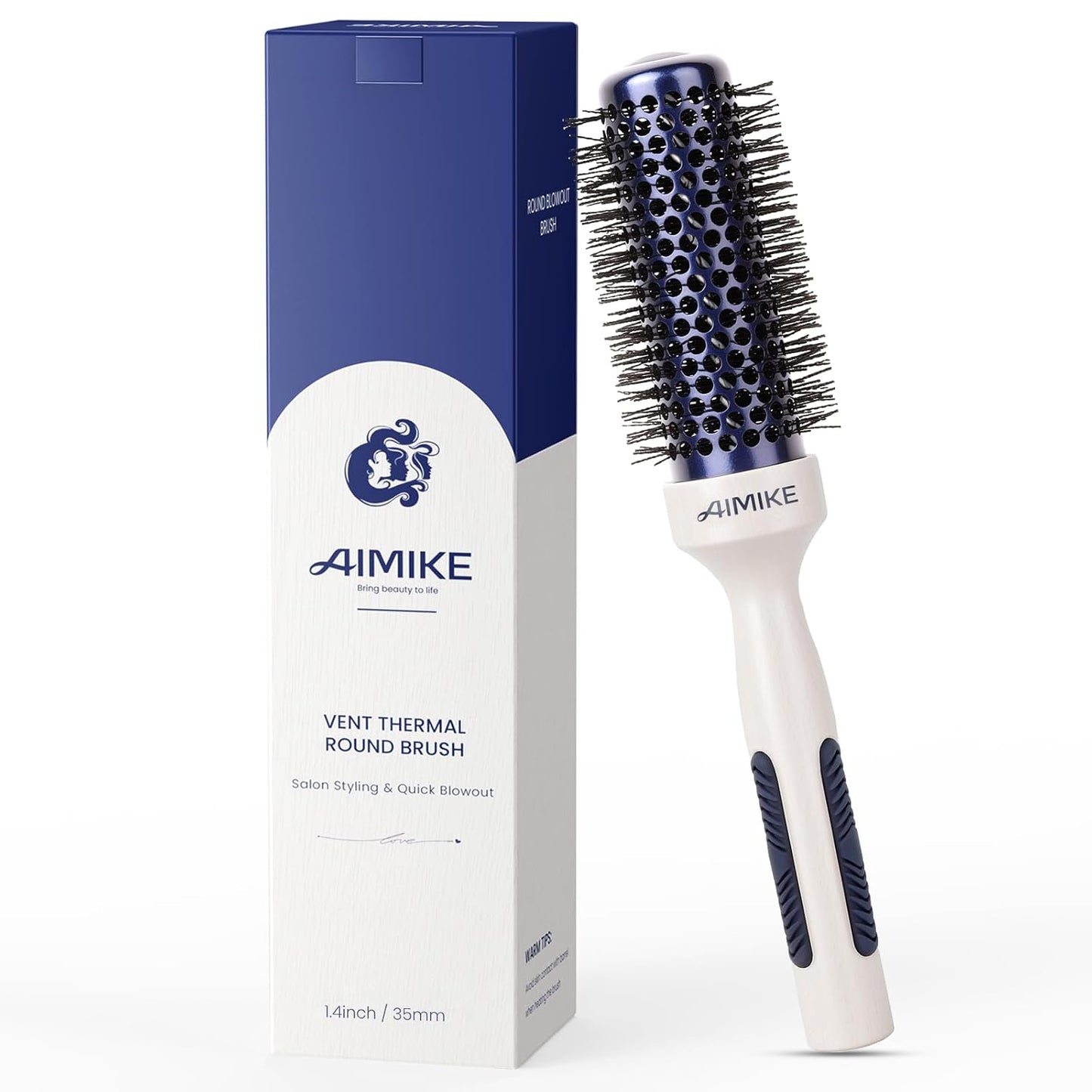AIMIKE Nano Ionic Tech Small Round Brush, Ceramic Round Brush for Blow Drying, Styling and Boost Volume, Natural Wood Round Hair Brush, One Piece Design - 1.4 Inch/35mm