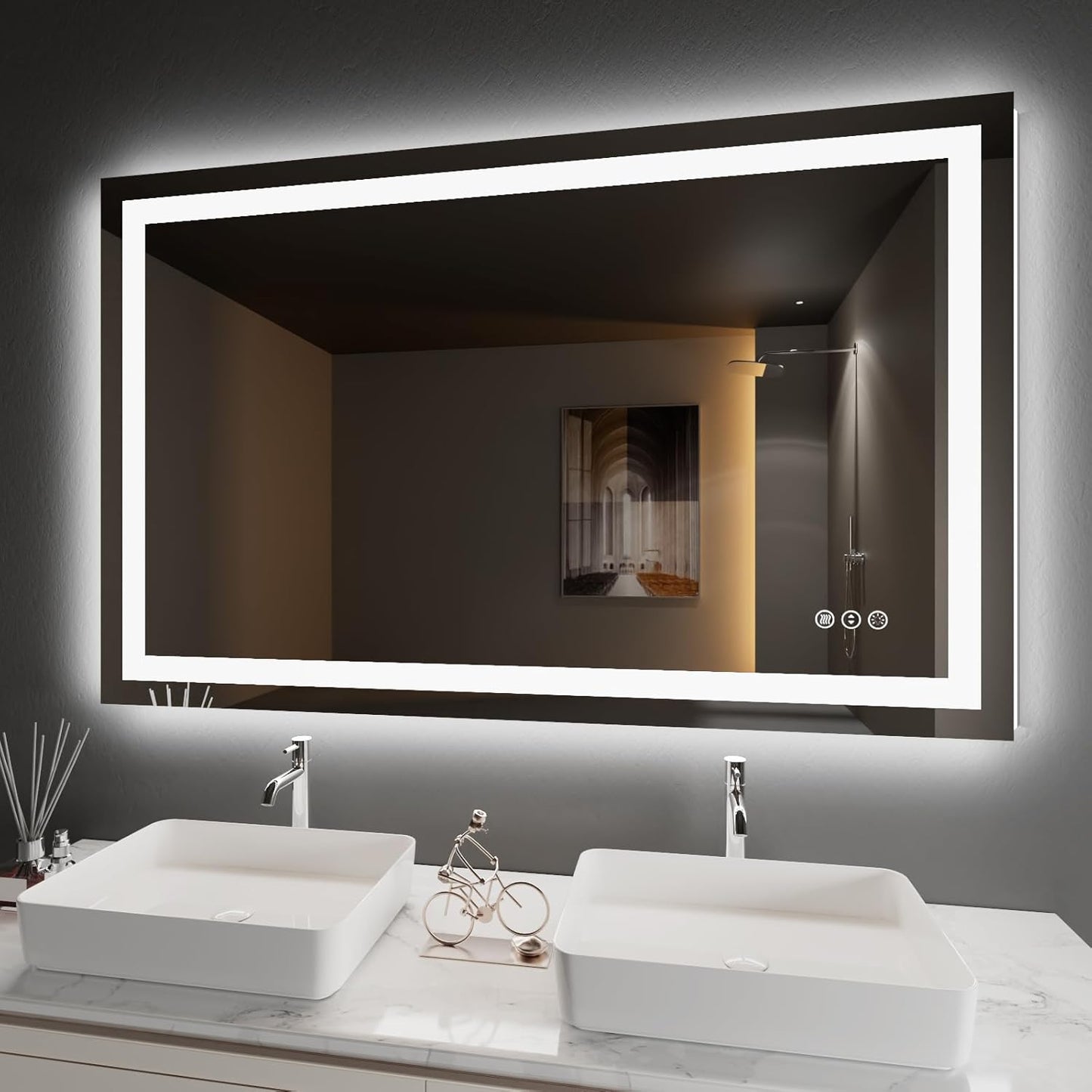 Amorho LED Bathroom Mirror 50" X32" with Front and Backlight, Stepless Dimmable Wall Mirrors with Anti-Fog, Shatter-Proof, Memory, 3 Colors, Double LED Vanity Mirror(Horizontal/Vertical)