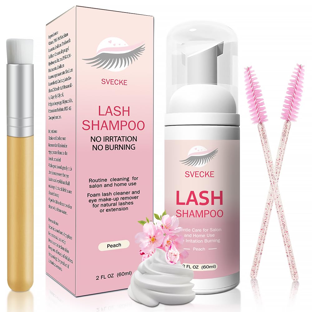 Lash Shampoo Kit Eyelash Extension Cleanser, Eyelash Shampoo for Lash Extensions, Lash Cleaner Eyelid Foam Cleaning Kit for Salon Home Use (Peach)