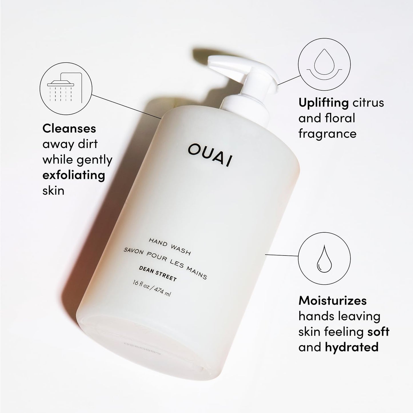 OUAI Hand Wash Full Size, Dean Street - Liquid Hand Soap with Jojoba, Avocado, & Rose Hip Oil for Replenished Skin - Gentle Exfoliating Kitchen & Bathroom Soap - (2 Pack, 16 Fl Oz Each)