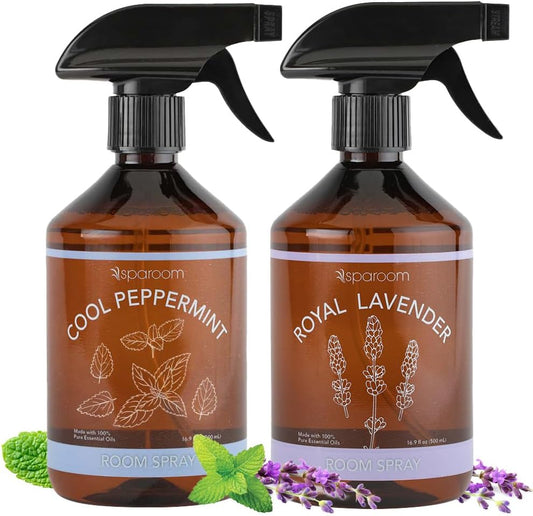 SpaRoom Linen Spray 2-Pack Combo – Cool Peppermint & Royal Lavender Aromatherapy Set with Essential Oils, Mist for Bedding, Linens, and Home – 2 x 16.9 oz Variety Pack