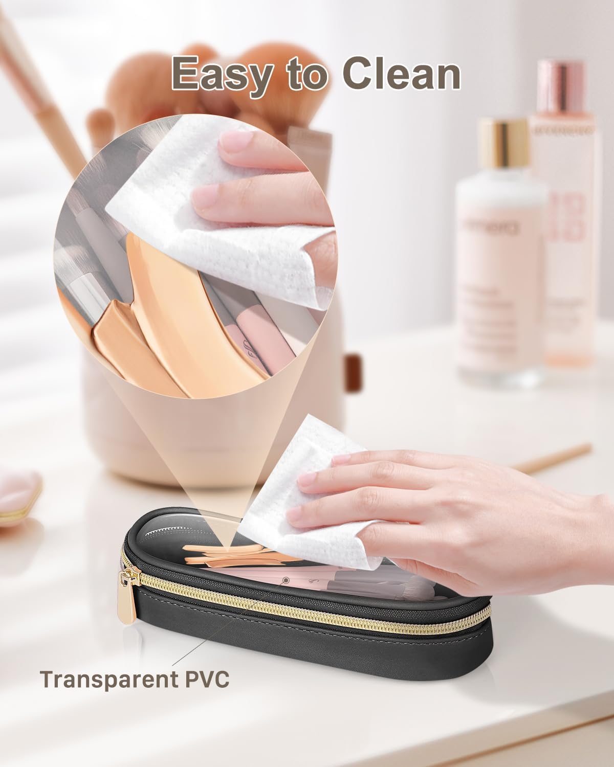 Clear Travel Makeup Brush Holder, Leather Makeup Brush Toiletry Bag, Portable Cosmetic Brush Case, Transparent Waterproof Makeup Brush Storage Bag, Black, Large