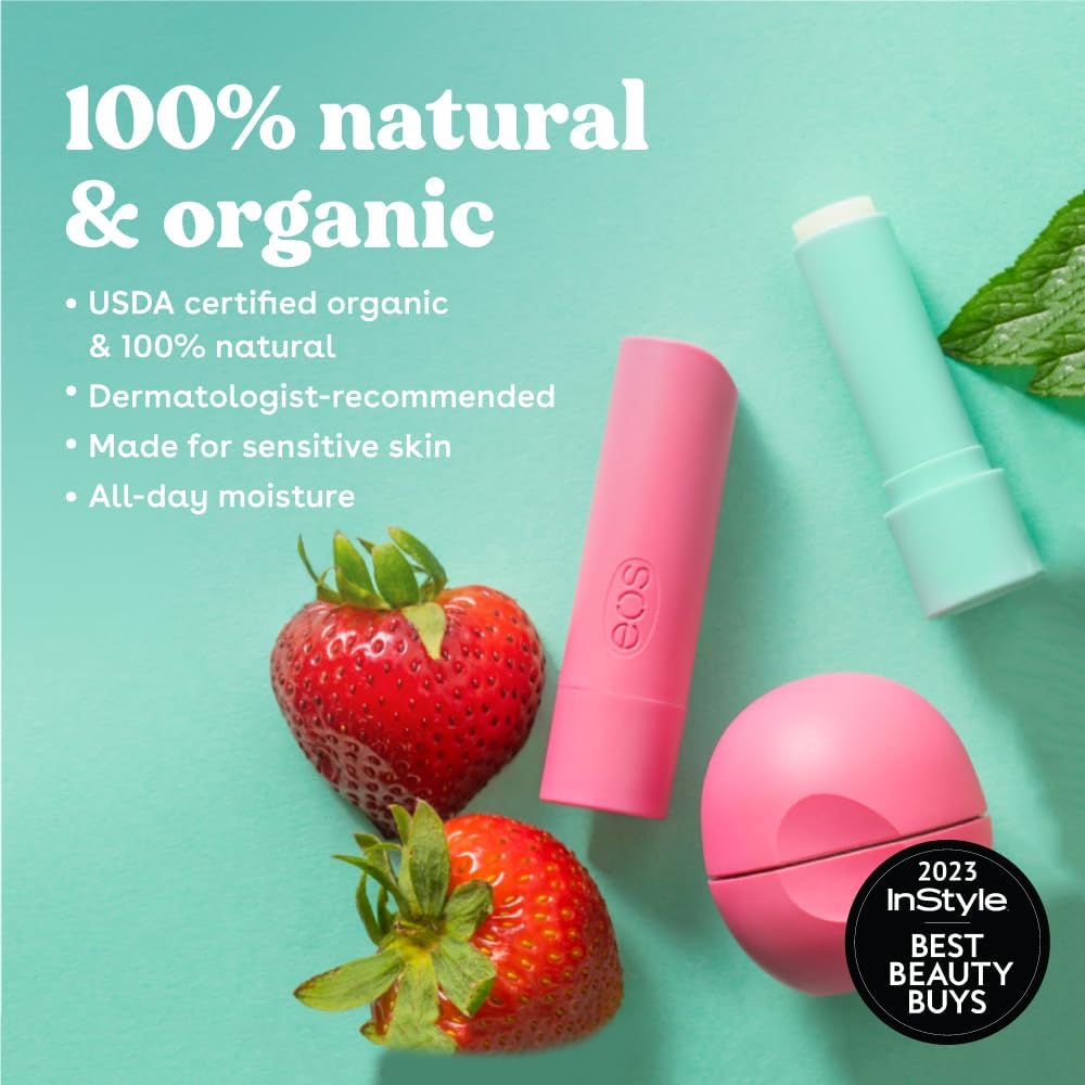 eos 100% Natural & Organic Lip Balm Sticks - Strawberry Sorbet, All Natural Lip Balm, All-Day Moisture, Dermatologist Recommended, 0.14 oz, 2-Pack