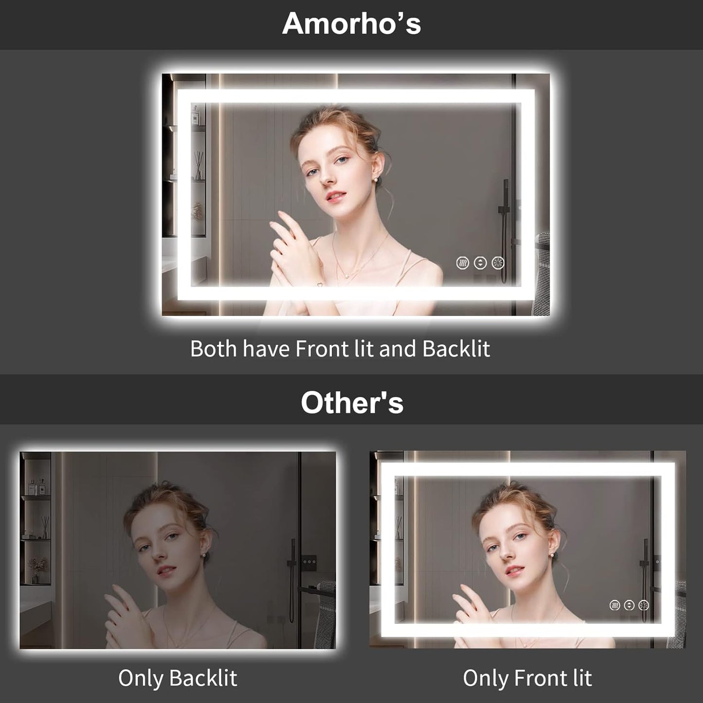 Amorho 50" X36" LED Bathroom Mirror, Front and Backlight, Stepless Dimmable Wall Mirrors with Anti-Fog, Shatter-Proof, Memory, 3 Colors, Double LED Vanity Mirror(Horizontal/Vertical)