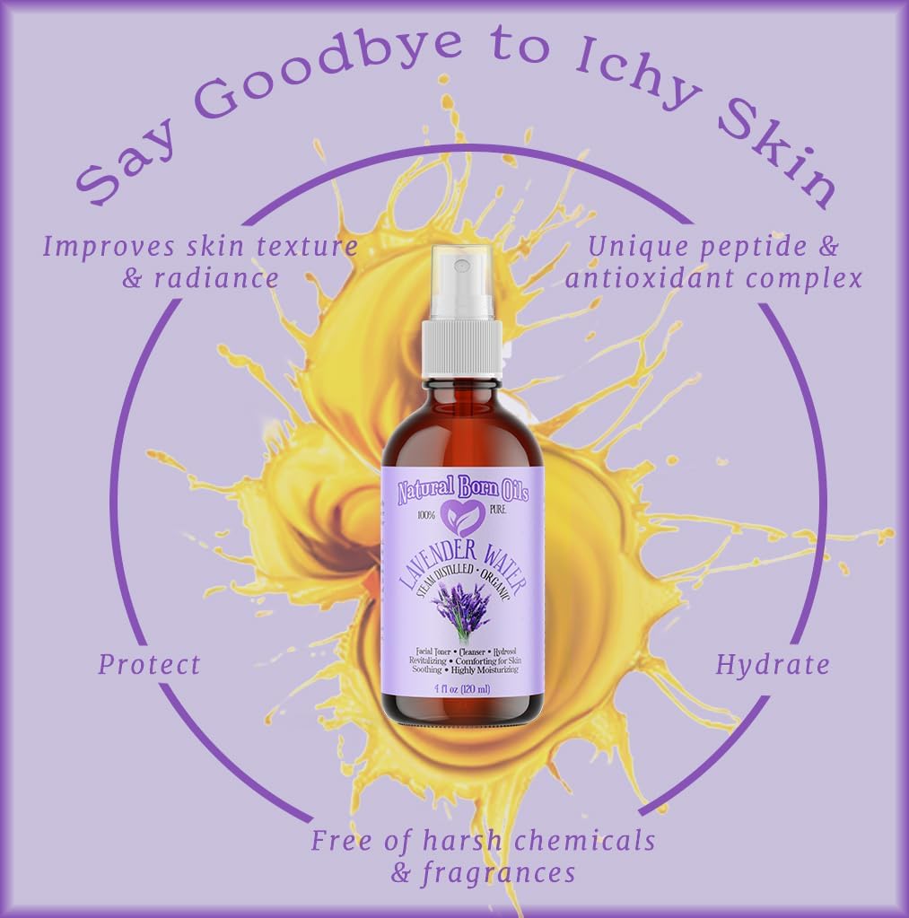 Natural Born Oils 4oz Lavender Water Hydrosol, 100% Pure and Natural, Organic, Steam-distilled, Facial Toner Cleanser, with Sprayer