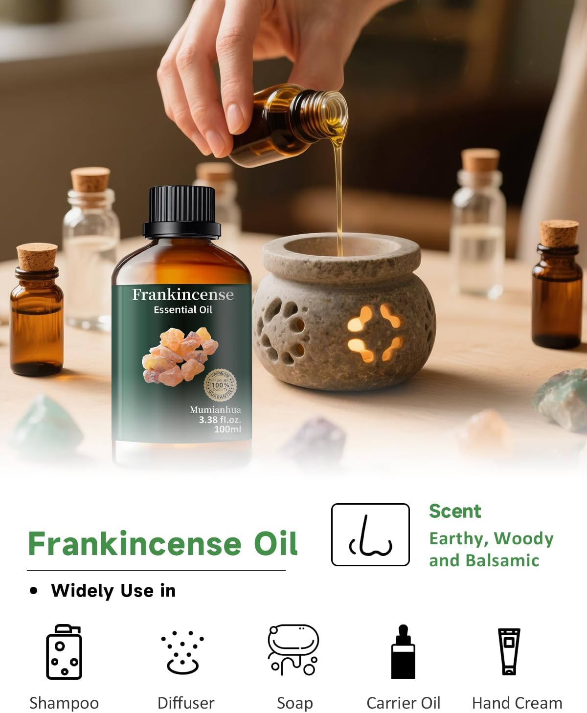 Mumianhua 100% Pure Frankincense Essential Oil Natural Frankincense Oil for Aromatherapy Therapeutic Grade Resin Oil for Skin, Meditation Diffuser & Candle Making | for Home & Office Focus 3.38 Fl Oz