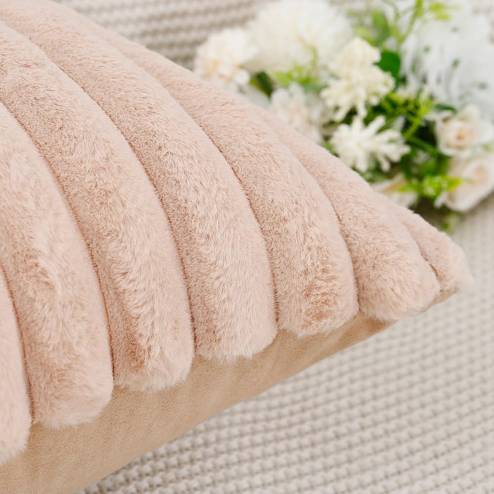 MADIZZ Set of 2 Faux Wool Plush Decorative Throw Pillow Covers 20x20 Inch Light Brown Fluffy Striped Soft Decorative Cushion Cover for Sofa Bedroom Pillow Shell