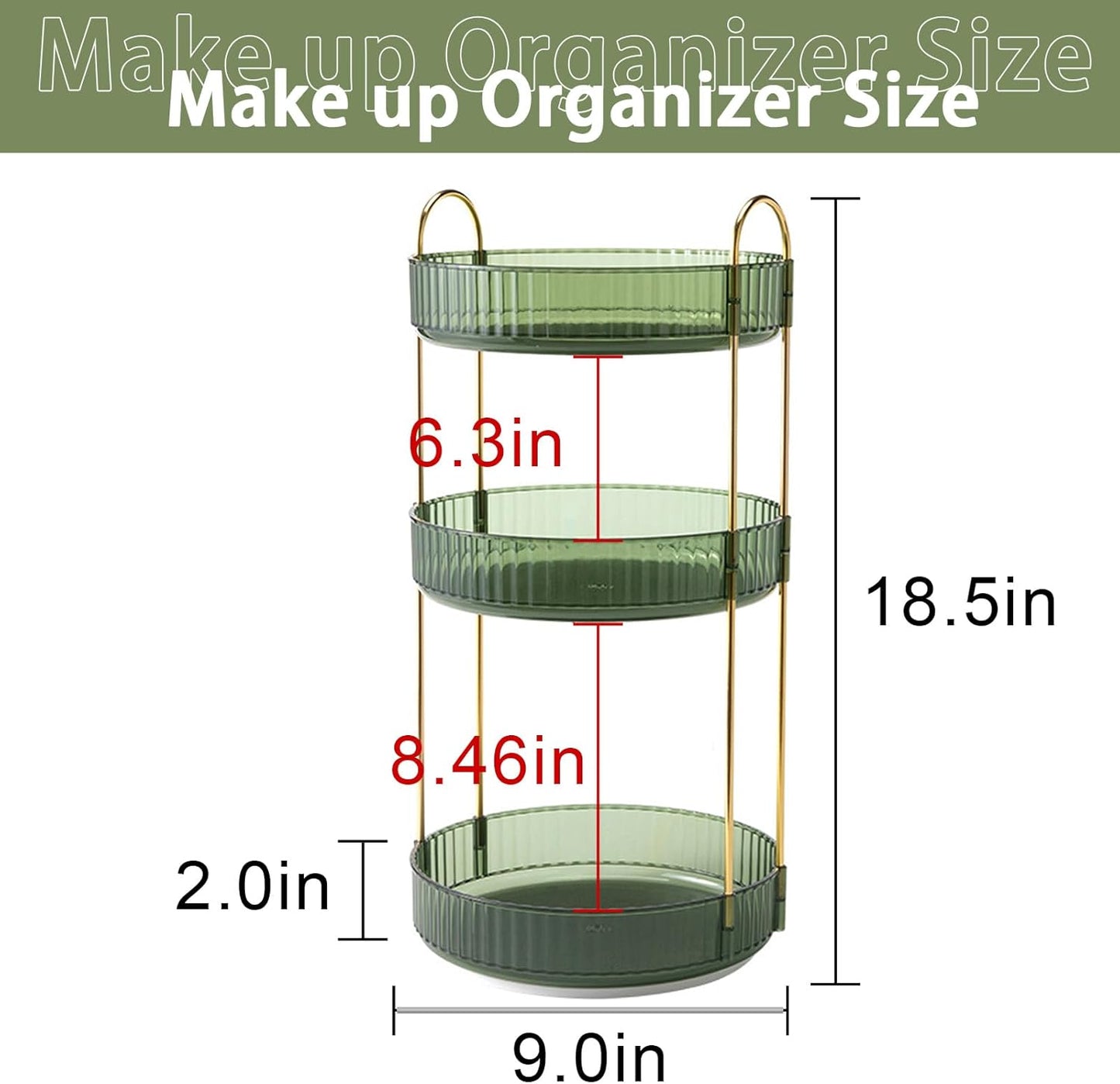 Rotating Makeup Organizer for Vanity, High-Capacity Skincare Clear Make Up Storage Perfume Organizers Cosmetic Dresser Organizer Countertop 360 Spinning (Green, 3 Tier)
