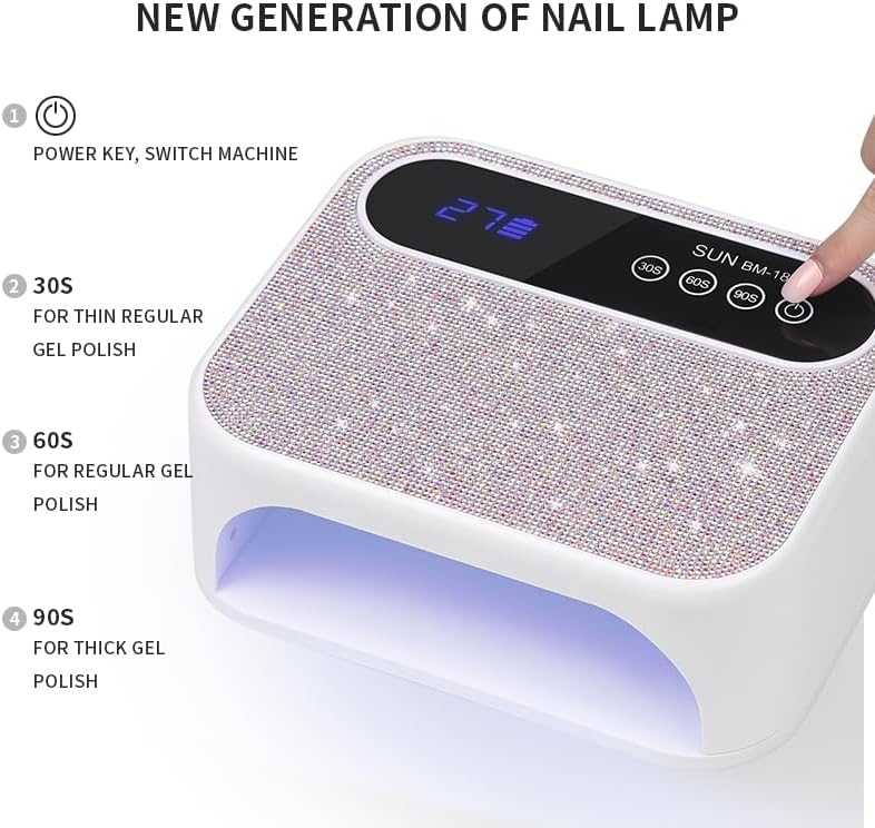 Cordless UV Nail Lamp, 268W Rechargeable UV Gel Nail Light, Sparkling Rhinestones Diamond UV Light, Professional Fast Curing Nail Dryer with 4 Timers Touch Control Auto Sensor for Salon & Home