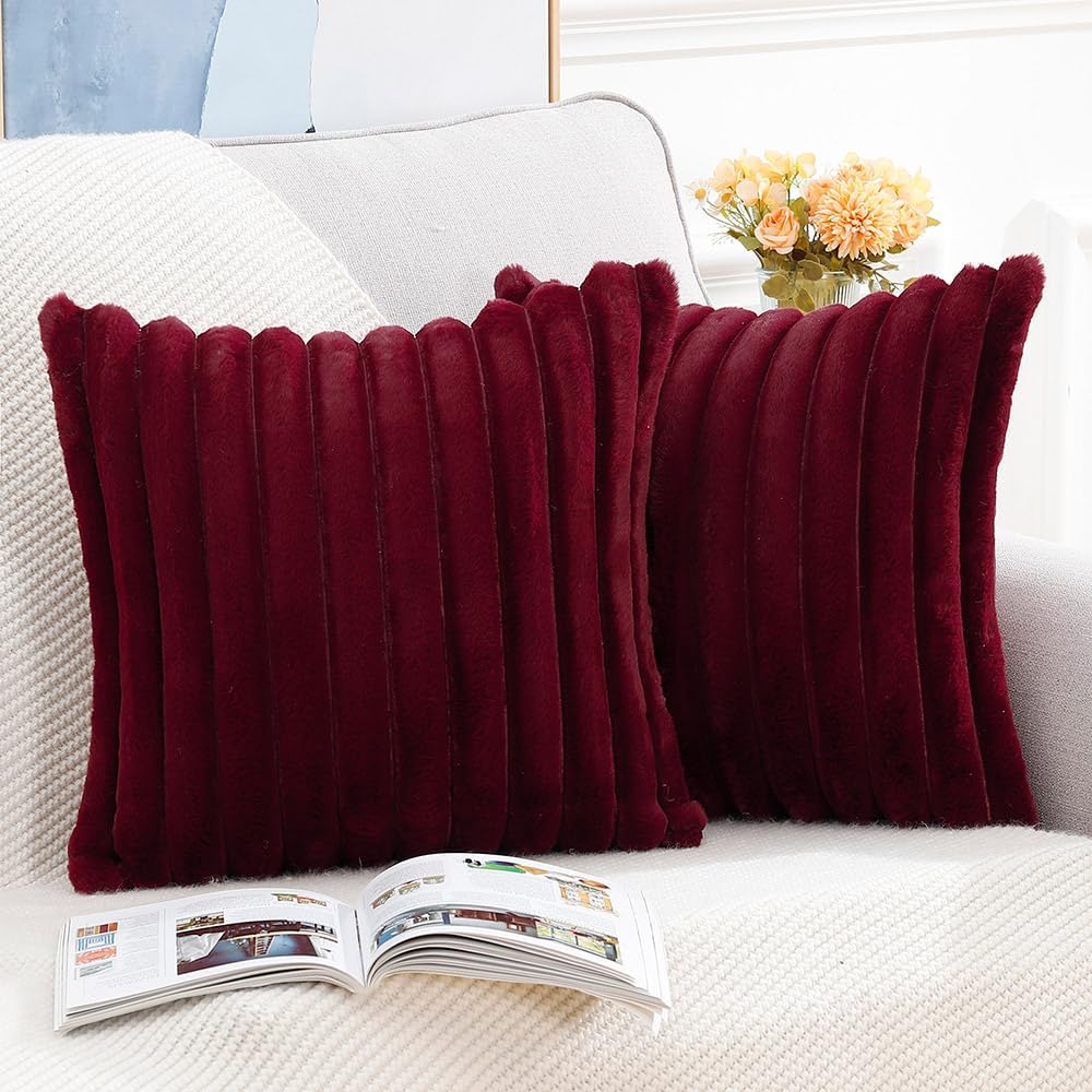 MADIZZ Set of 2 Faux Wool Plush Decorative Throw Pillow Covers 22x22 Inch Burgundy Fluffy Striped Soft Decorative Cushion Cover for Sofa Bedroom Pillow Shell