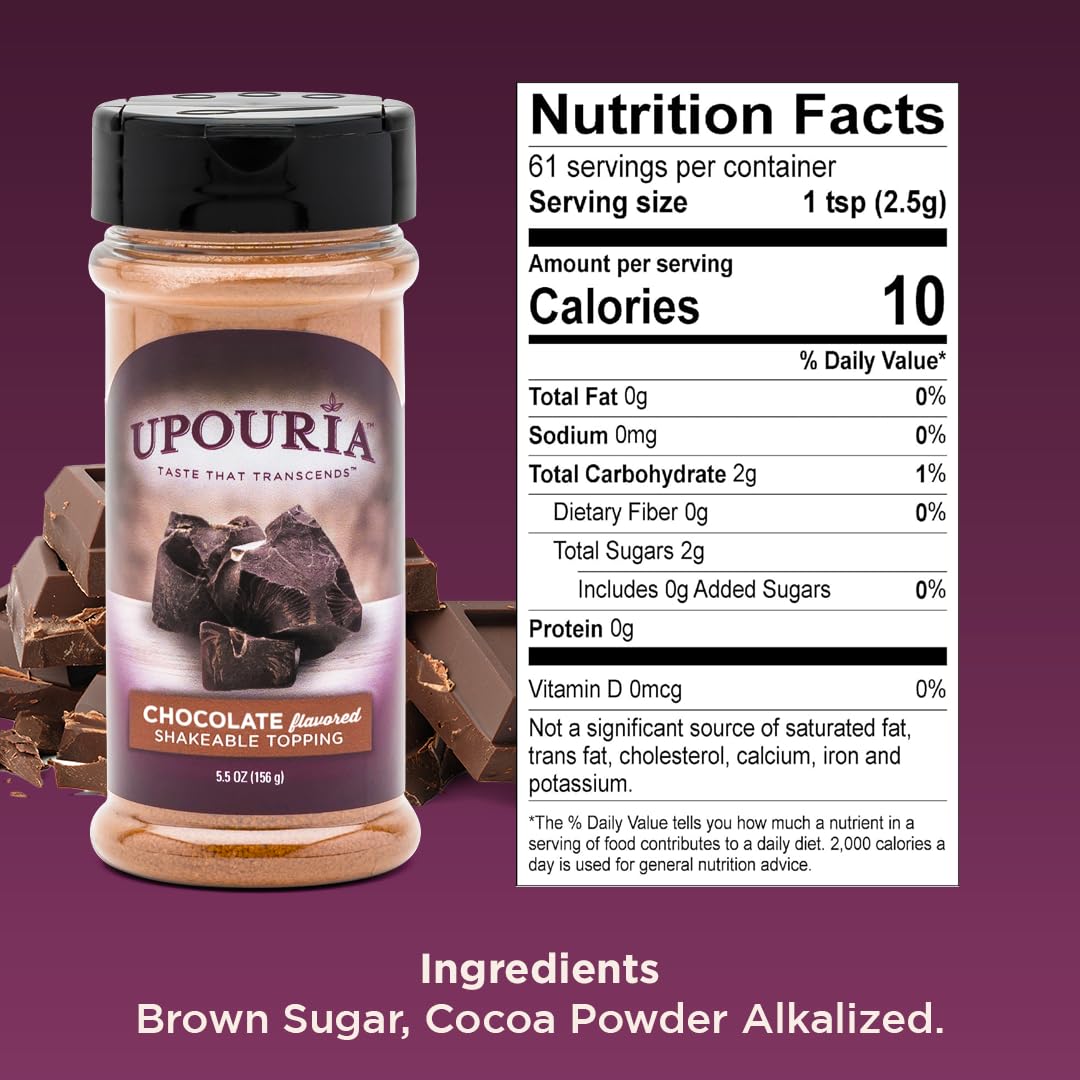 Upouria Chocolate Flavored Shakable Topping for Coffee, Lattes, Desserts, Gourmet Cocoa Taste, 5.5oz