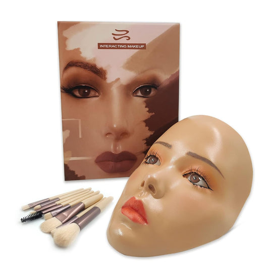 3D Makeup Practice Face,Reusable Makeup Mannequin Face with Makeup Brushes Set,Silicone Full Face Practice Eyelash Eye Shadow,for Emerging Makeup Artist,for Girl's Gift